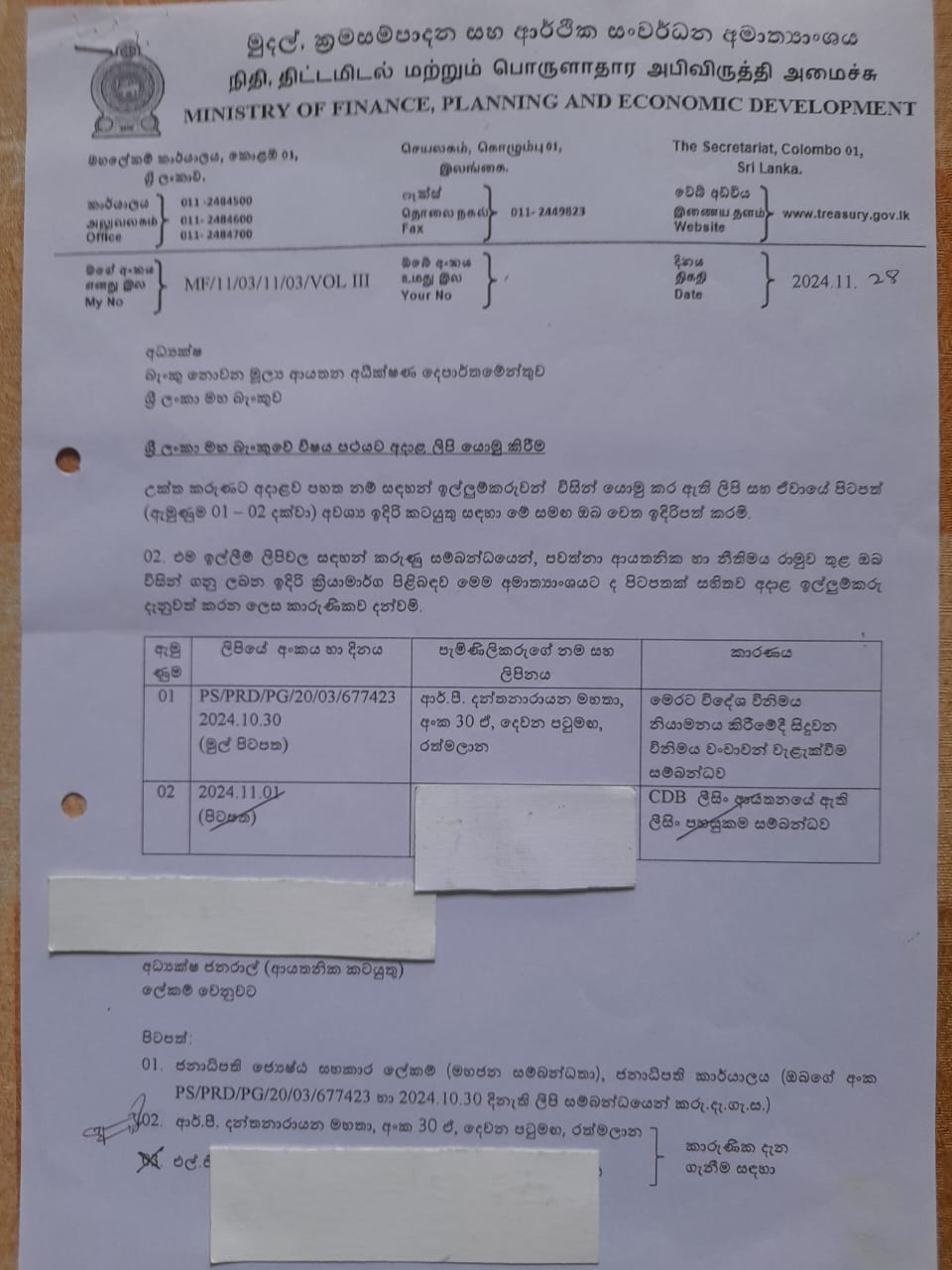 Response from Ministry of Finance